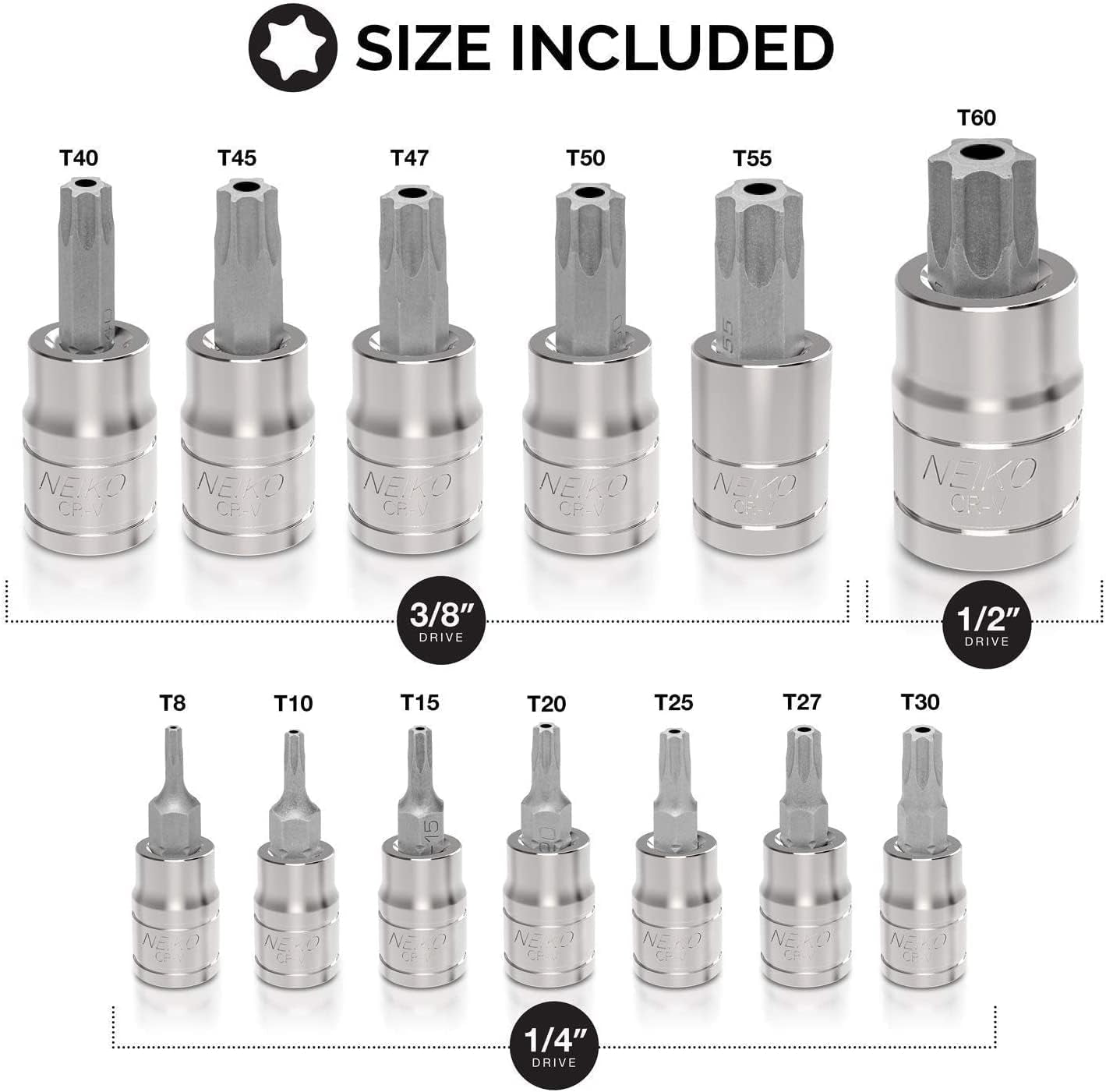 ® 10073A Tamper Proof Torx Bit Socket Set, T8 – T60, S2 Steel | 13-Piece Set