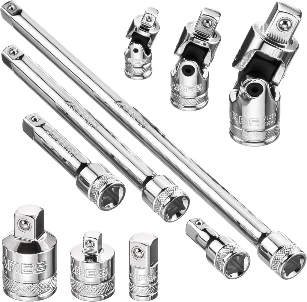 71270-10-Piece Socket Accessory Set - Premium Chrome Vanadium Steel with Mirror Finish - Includes Socket Adapters, Extensions and Universal Joints