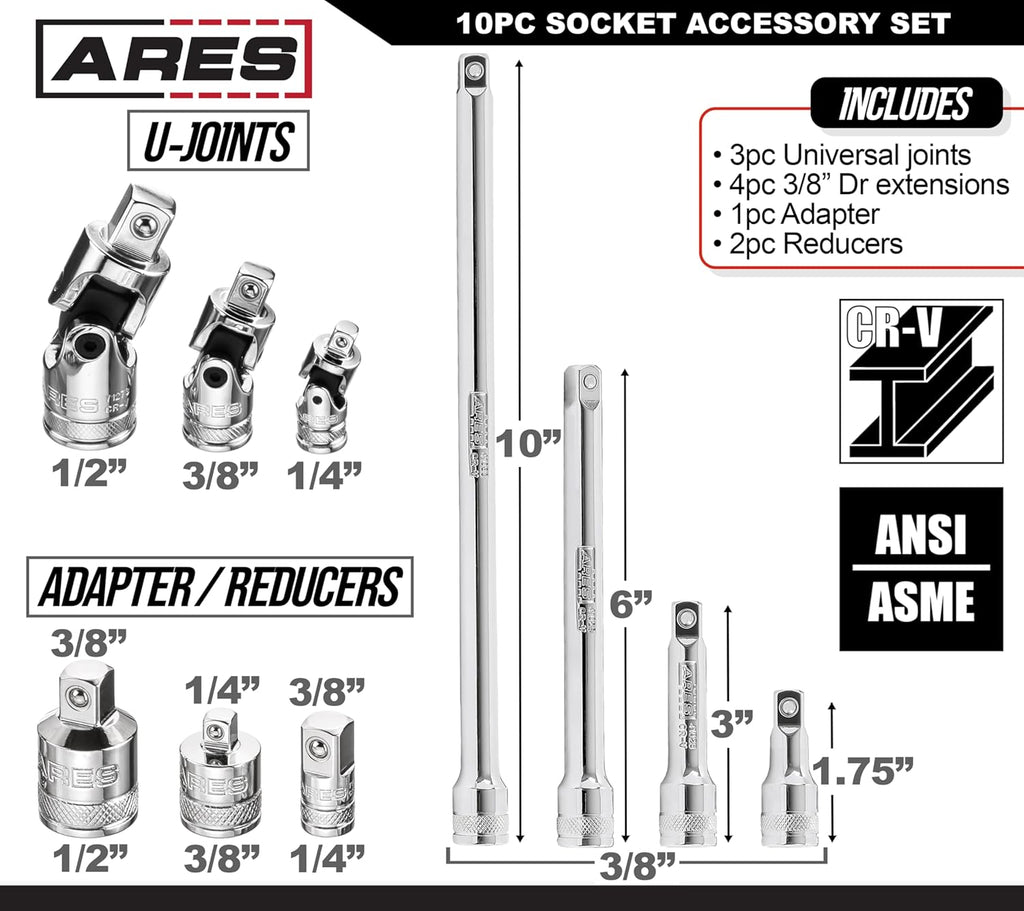 71270-10-Piece Socket Accessory Set - Premium Chrome Vanadium Steel with Mirror Finish - Includes Socket Adapters, Extensions and Universal Joints