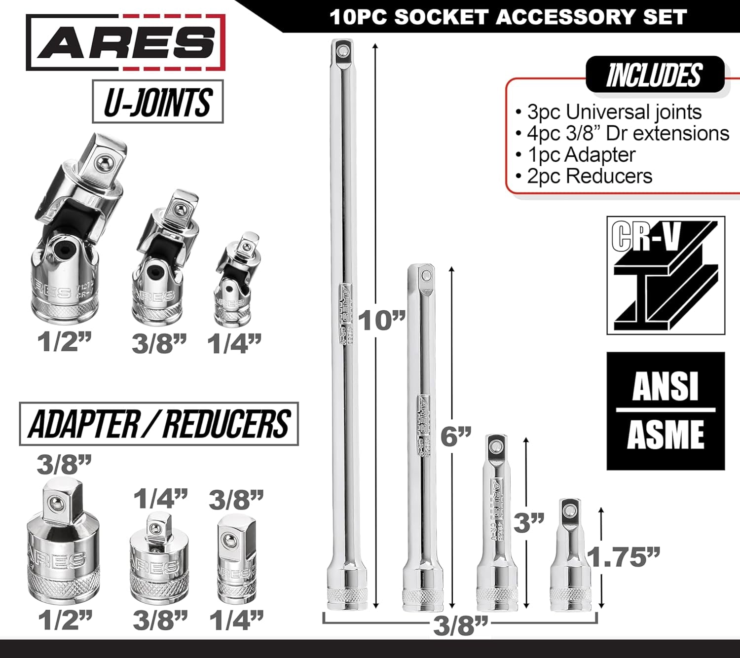71270-10-Piece Socket Accessory Set - Premium Chrome Vanadium Steel with Mirror Finish - Includes Socket Adapters, Extensions and Universal Joints
