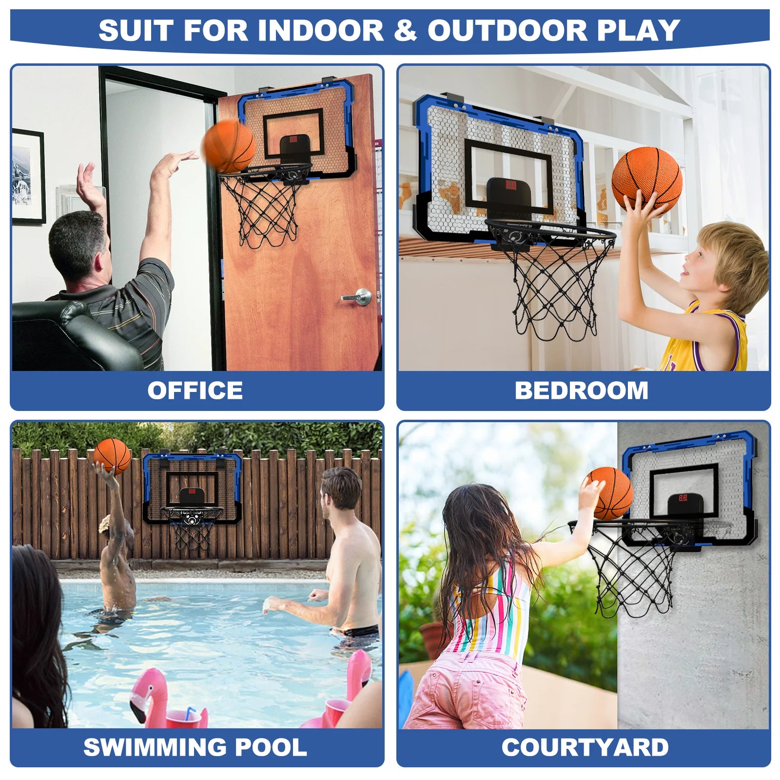 Mini Basketball Hoop with Electronic Scorer, Mini Hoop with 3 Balls/Inflator/Breakaway Rim, Basketball Toy Gifts for Kids and Adults, Suit for Indoor/Outdoor/Pool/Door, Blue