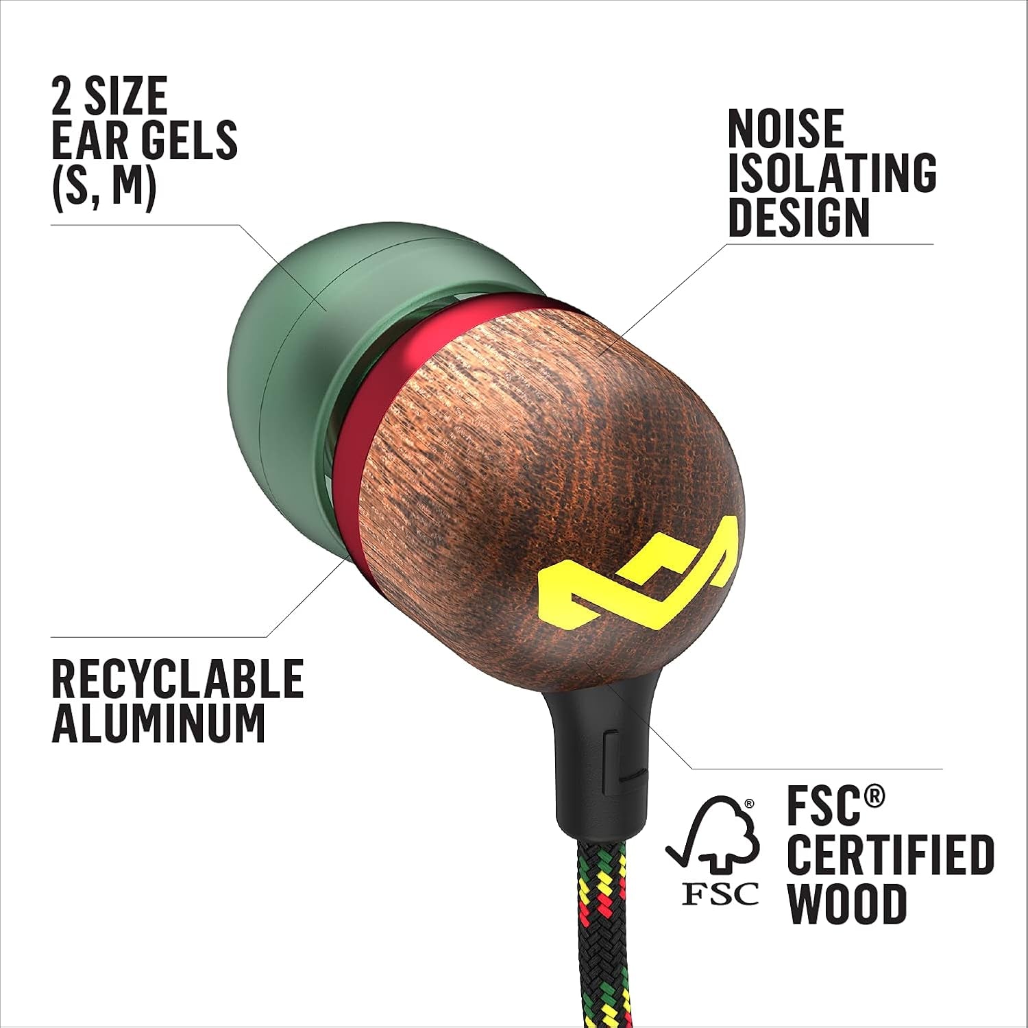 House of  Smile Jamaica Wired: Wired Earphones with Microphone, Noise Isolating Design, and Sustainable Materials (Rasta)
